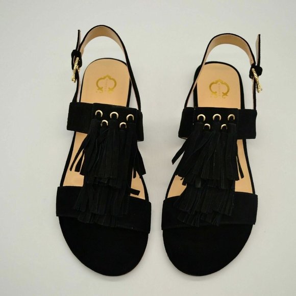 C Wonder Womens Jessica Fringed Sandal Sz 6.5M Black Suede Buckle Back Strap NEW - Picture 4 of 6